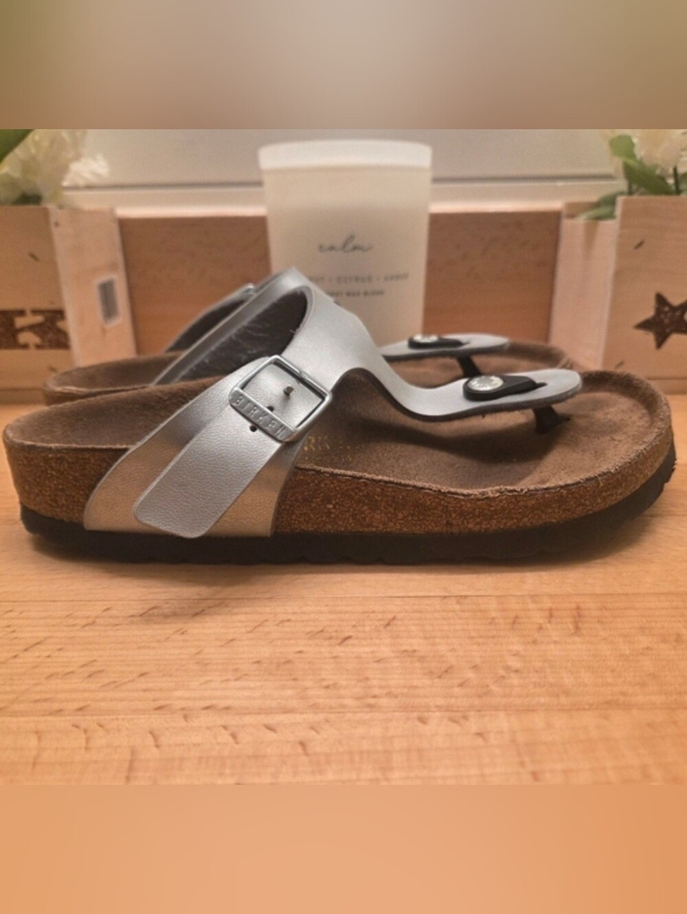 Birkenstock Gizeh Thong Sandals Metallic Silver Birko-Flor Womens Size EU 35